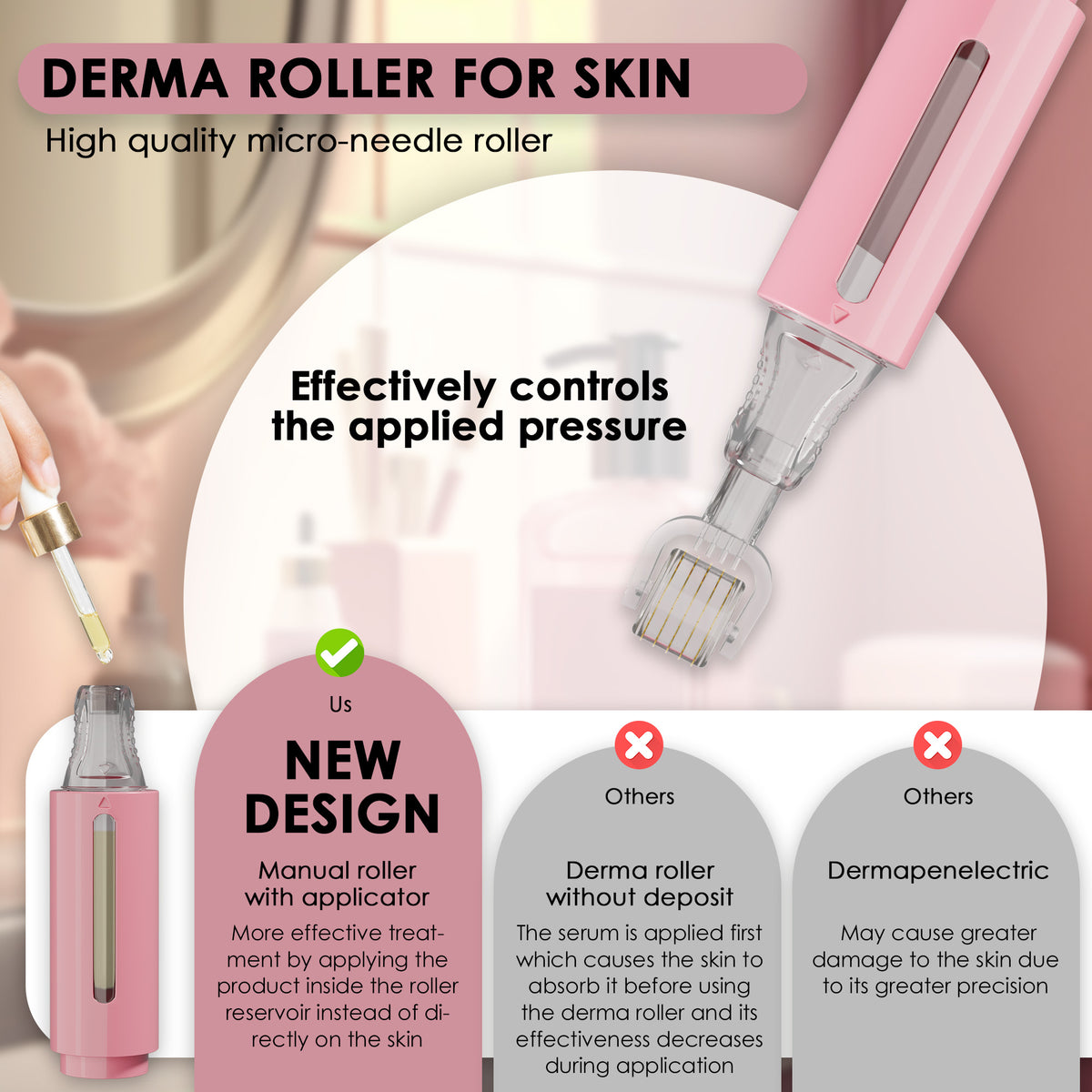 Derma roller with serum tank, pink 0,50 mm