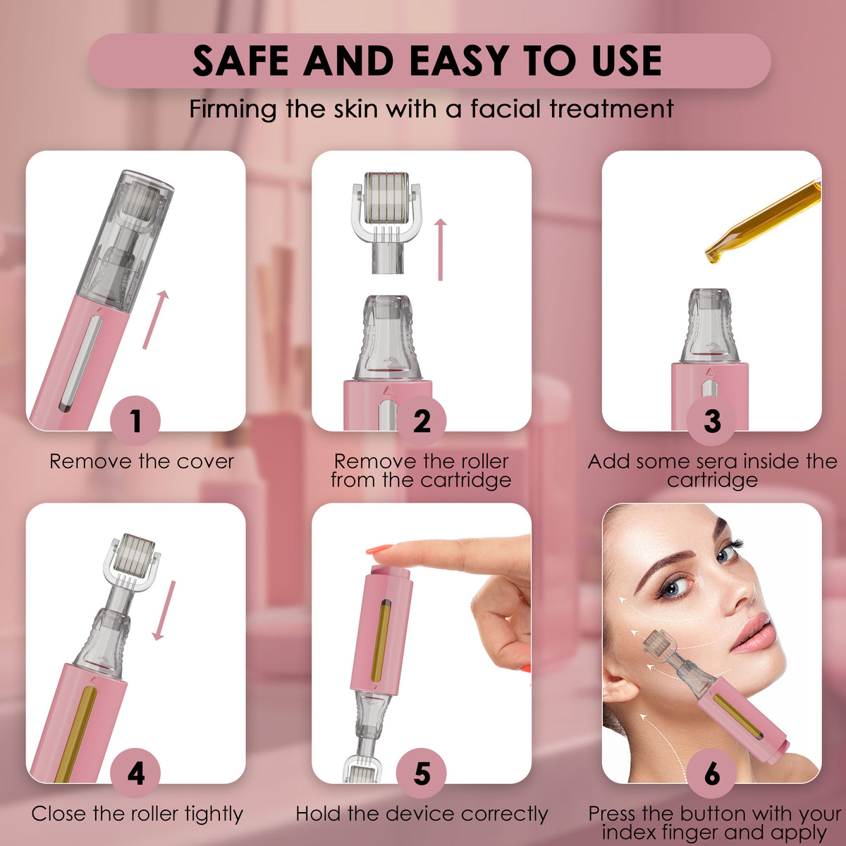 Derma roller with serum tank, pink 0,50 mm