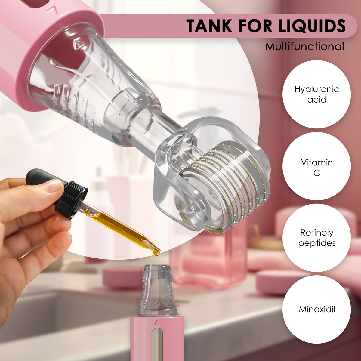 Derma roller with serum tank, pink 0,50 mm