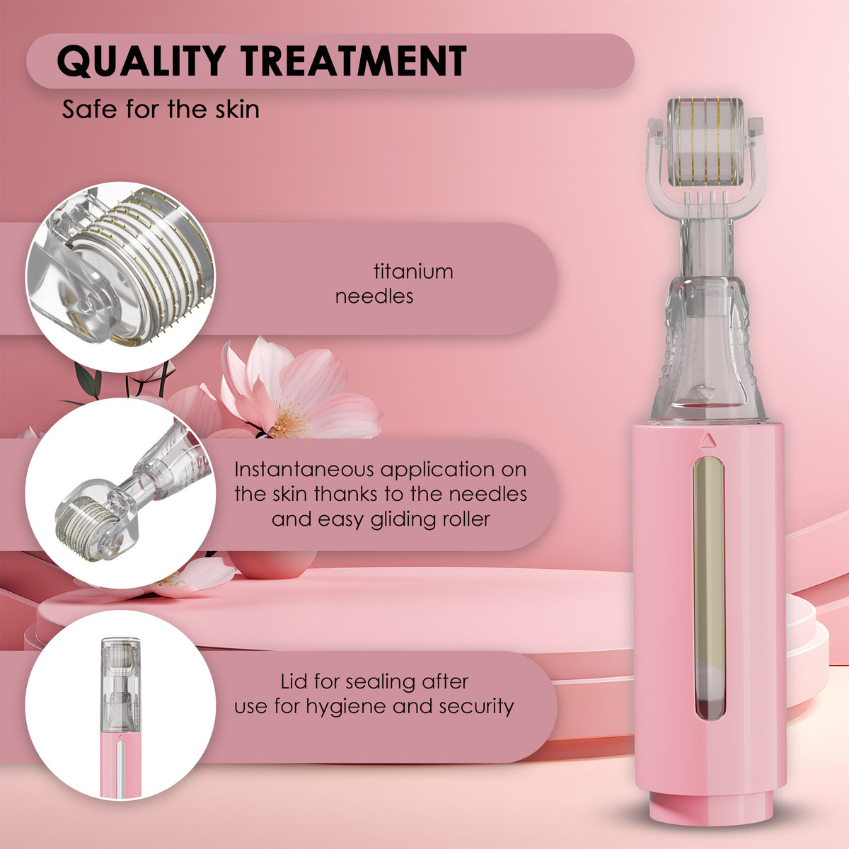 Derma roller with serum tank, pink 0,50 mm
